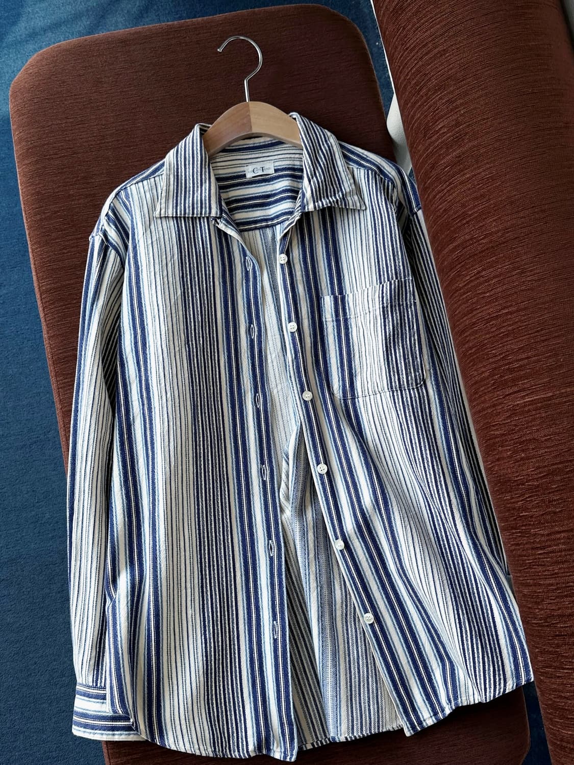 Cotton woven stripe open collar shirt 상품이미지6