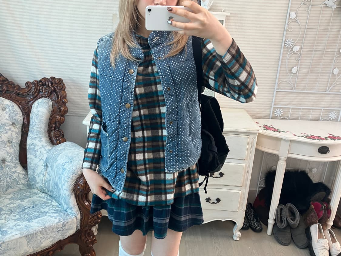 빈티지 블루그린 체크 패턴 폴라 플리스  상품이미지4