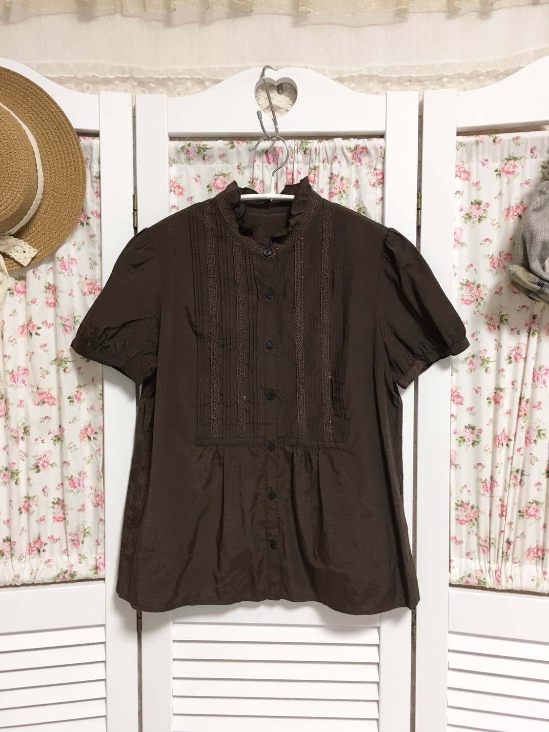 빈티지 초코브라운 반팔 블라우스 상품이미지1