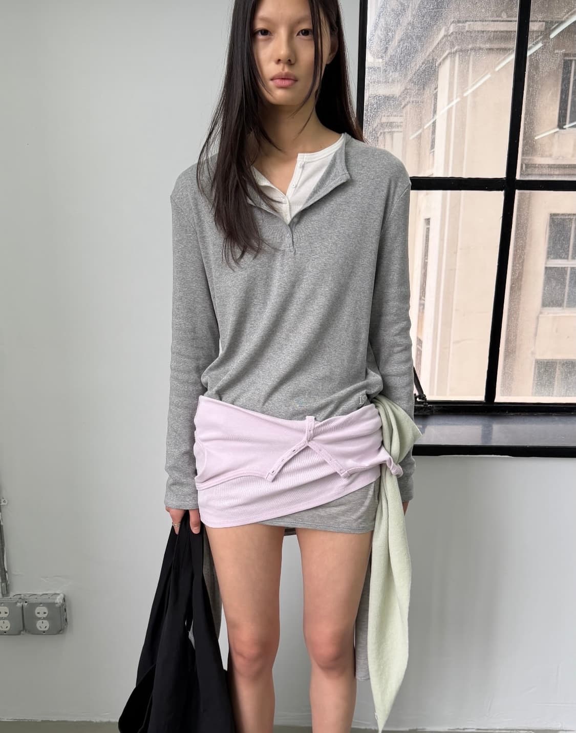 Relaxed Henley Tee Melange Grey 상품이미지1