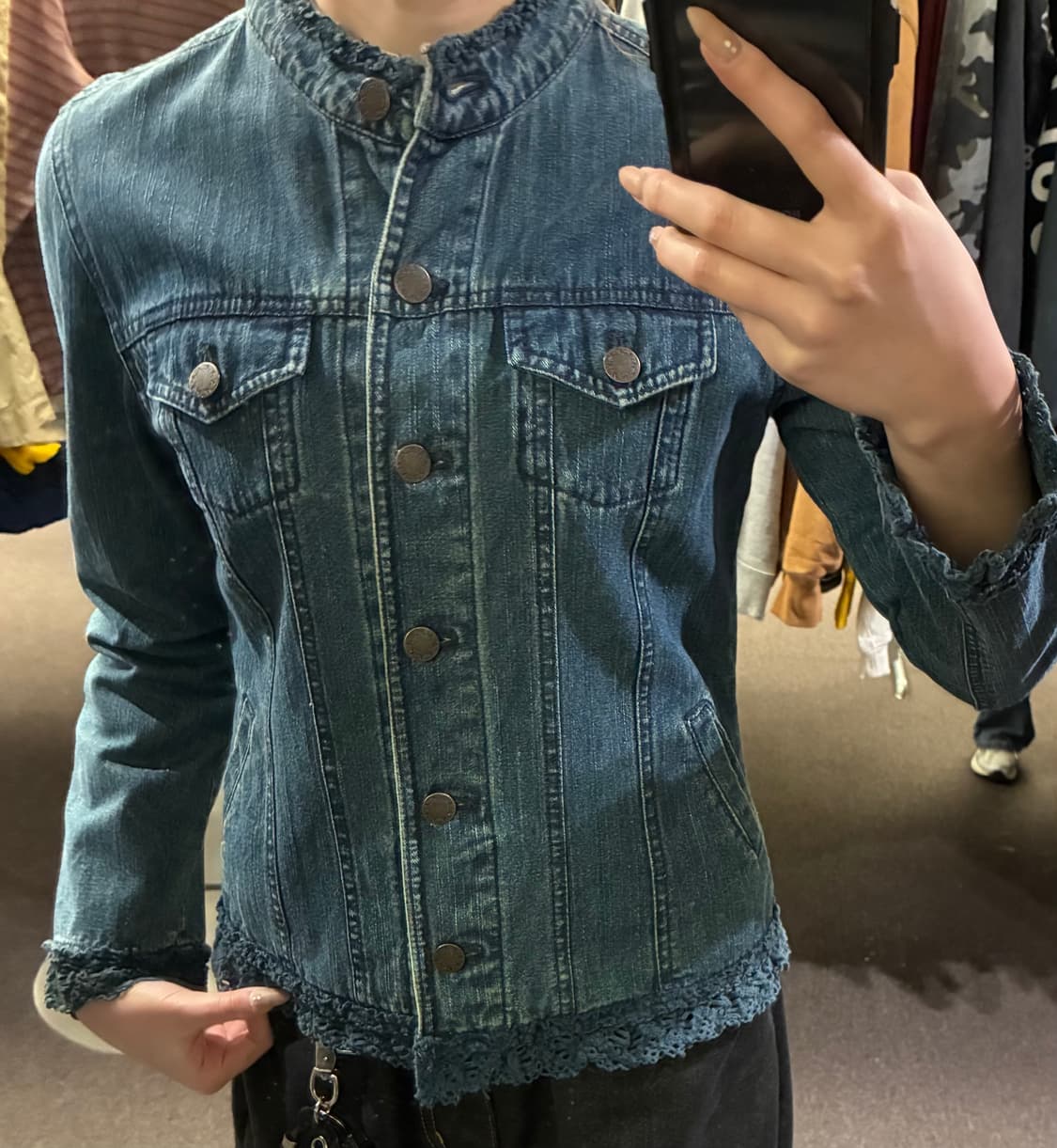 M)Rosa cheri 빈티지 레이스 레이어드 논카라 여성 데님자켓 상품이미지2