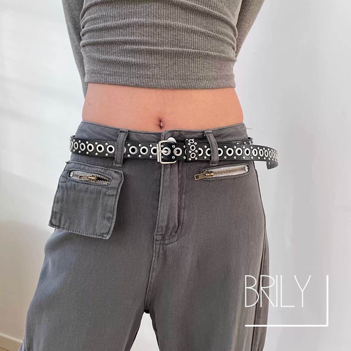 [Unisex] ANDY 아일렛 티니 스터드 가죽 벨트 블랙 상품이미지2