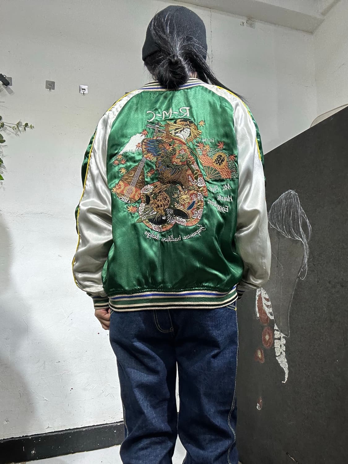 일본빈티지 R.M.C 초록 게이샤 자수 스카잔 M 상품이미지1