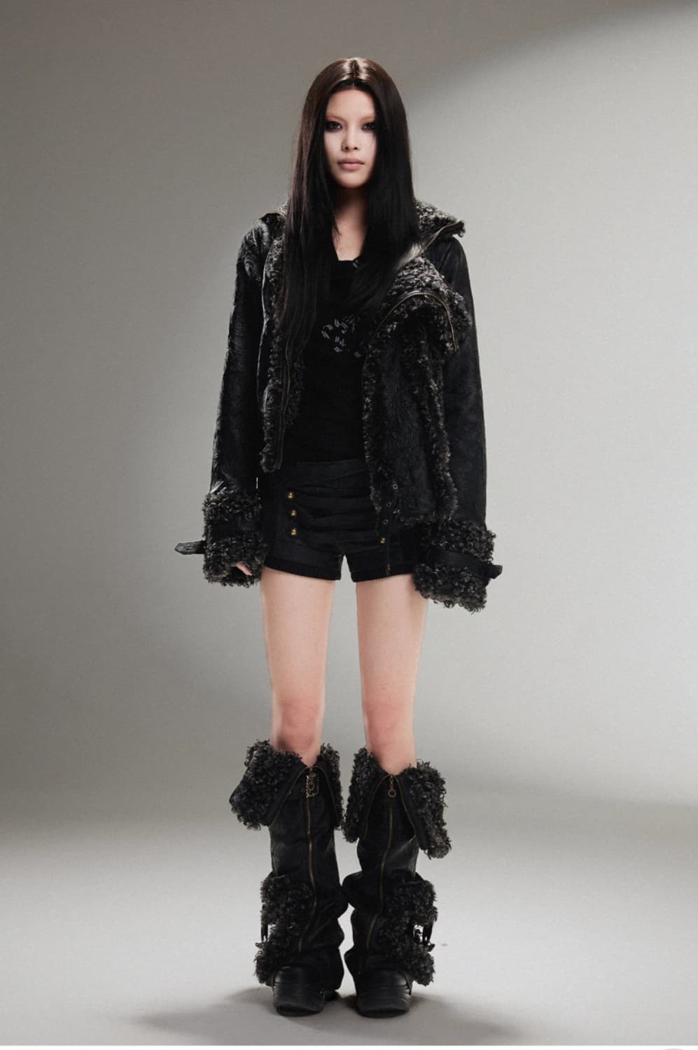 ARIADNAw 자켓 더블 지퍼 헤비듀티 벨벳 퍼 스트레이트 가죽 자켓  상품이미지1