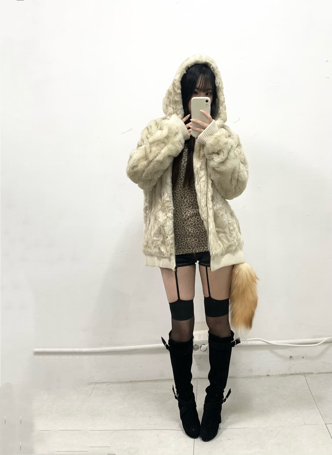 [RUSS-K] 갸루 베이지 퍼 후드집업 상품이미지2