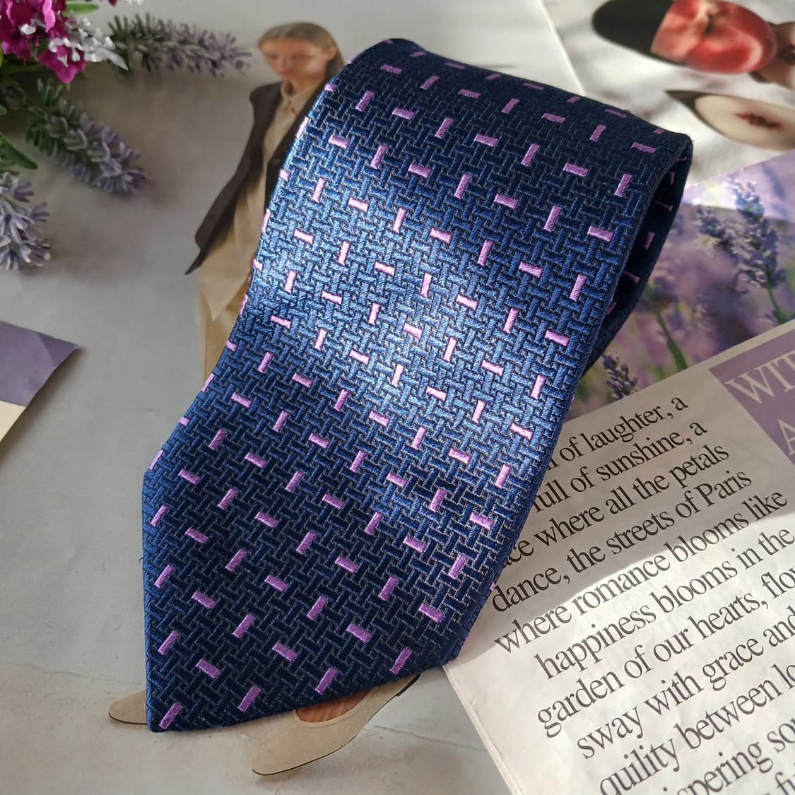 아쿠아스큐텀 네이비 자카드 패턴 넥타이 9.5cm A+등급 A19710 상품이미지2