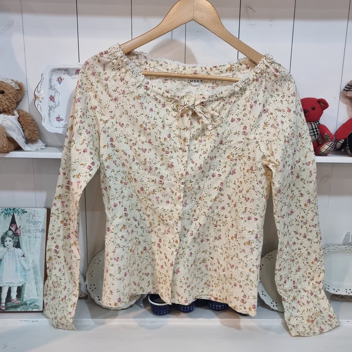 플라워 프린트 블라우스 아이보리 리본 장식 상품이미지2