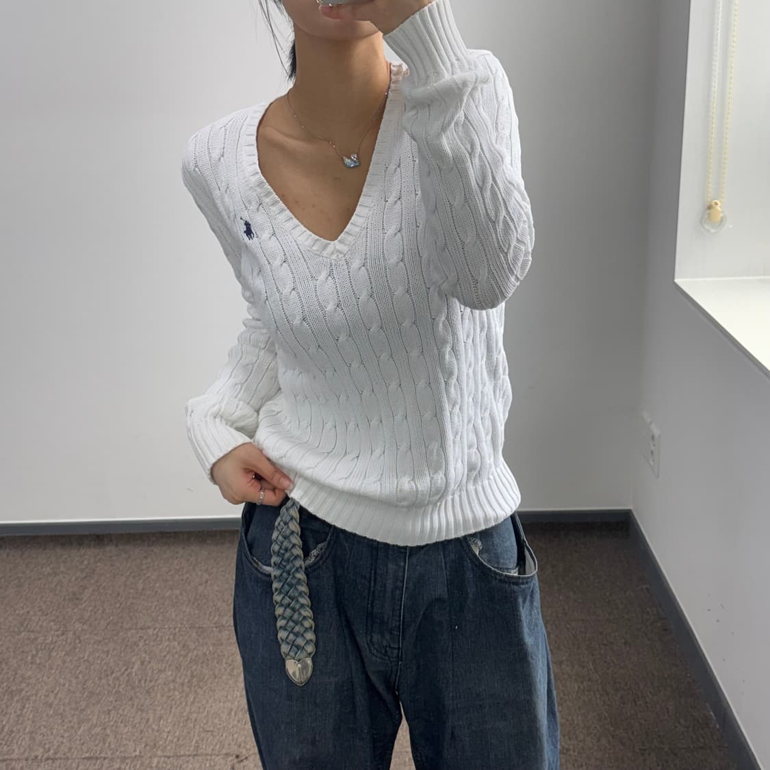 Polo 폴로 네이비 포니 화이트 브이넥 케이블 니트 상품이미지1