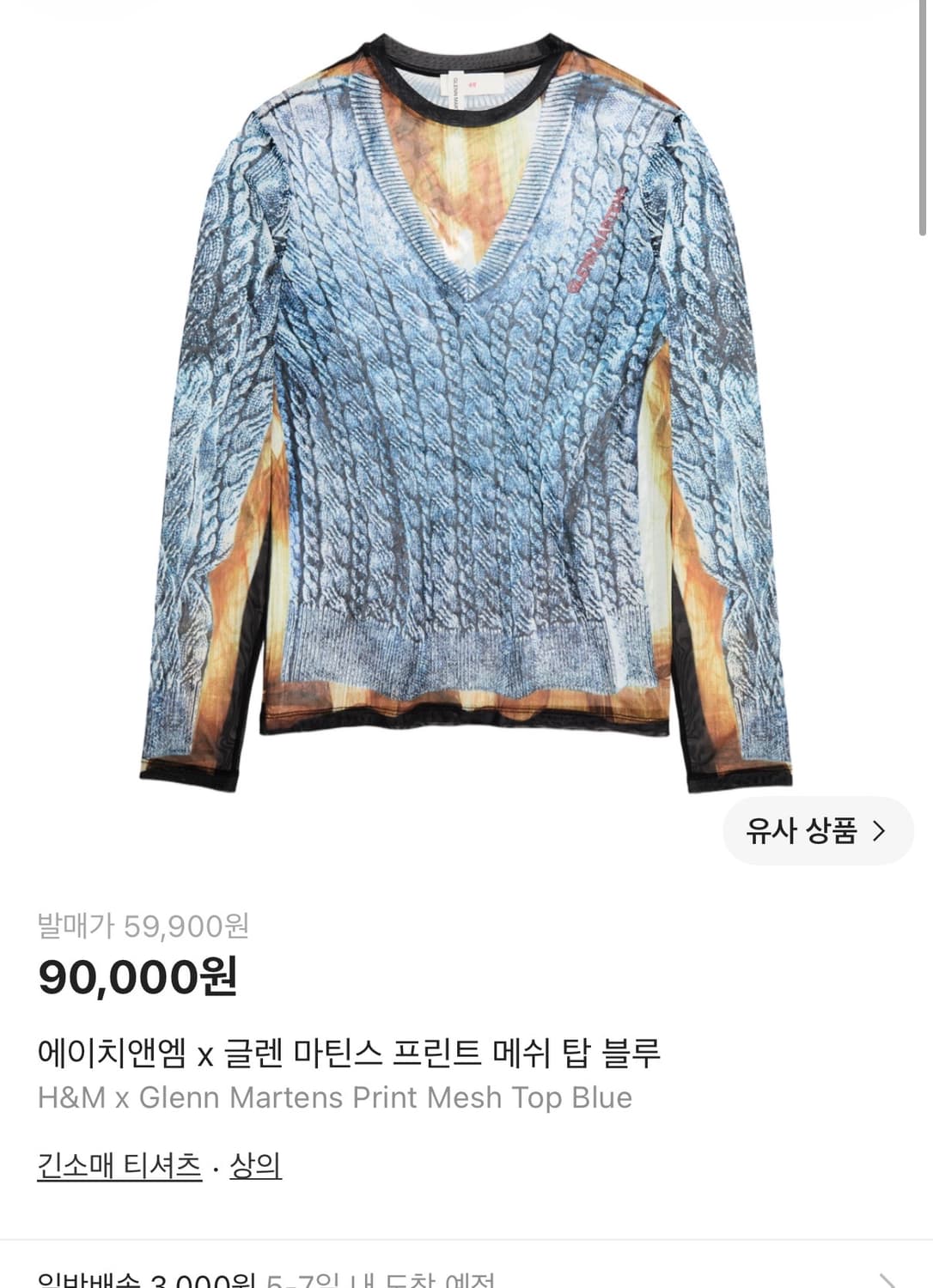 (XL) HM x 글렌 마틴스 프린트 메쉬 탑 블루 판매합니다 상품이미지1