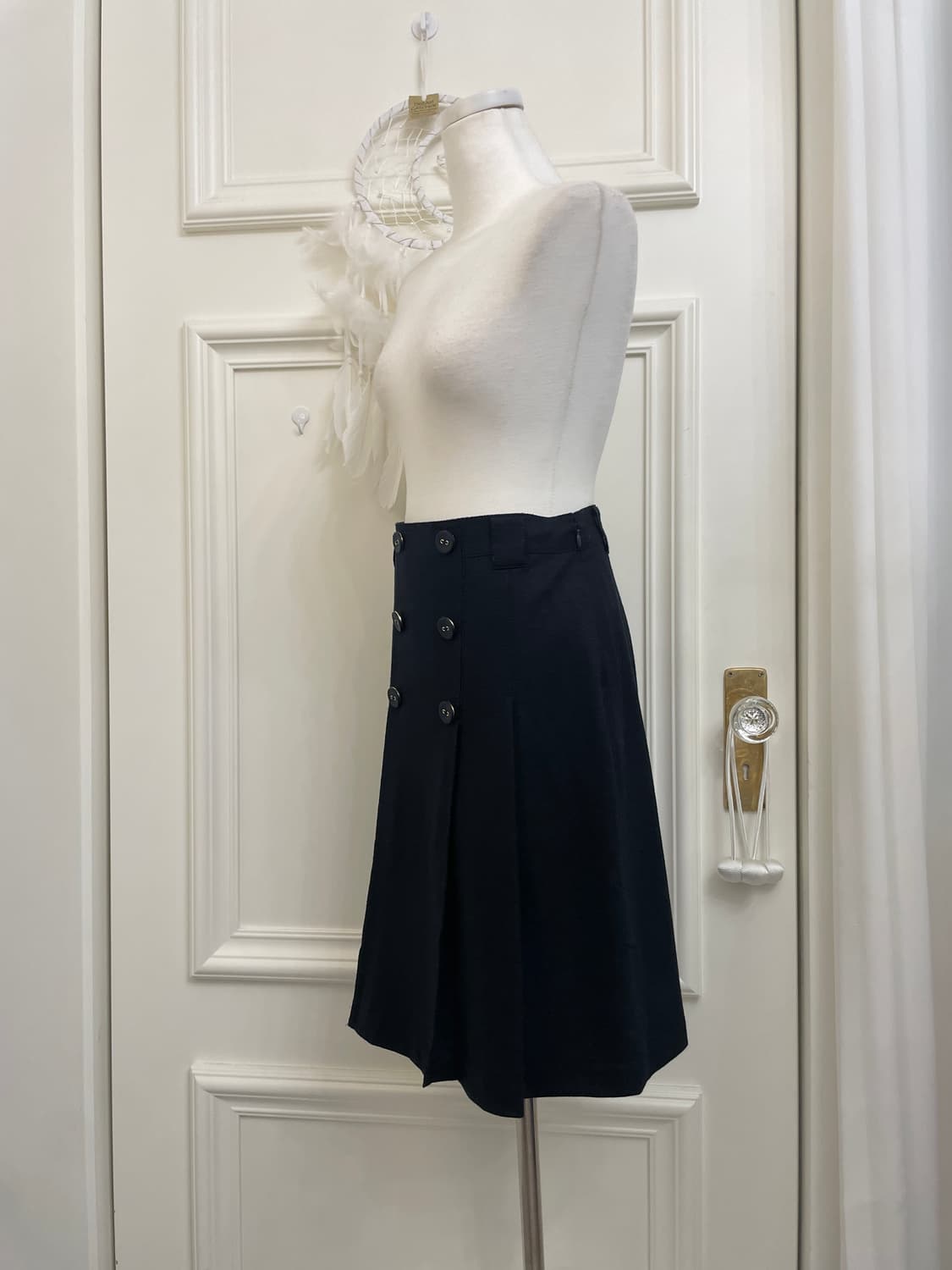 dark navy button point pleats midi skirt 상품이미지2