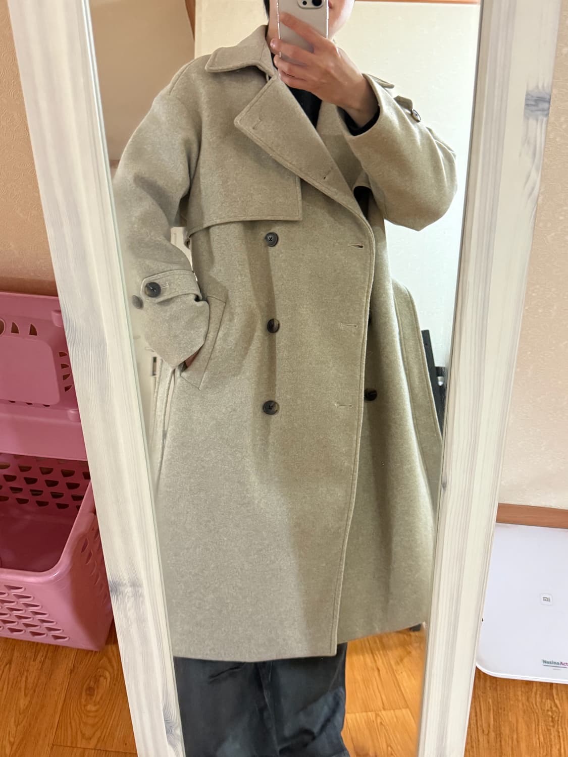 코네트(CONATT) - 오버핏 울 트렌치 롱 코트 (베이지/free) 상품이미지8