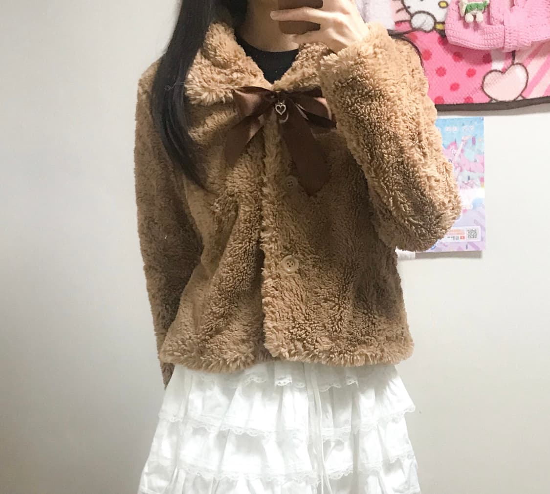 빈티지 브라운 라떼 퍼 리본 보석 코트 히메갸루 로걀 리즈리사깔 모리걸 상품이미지1