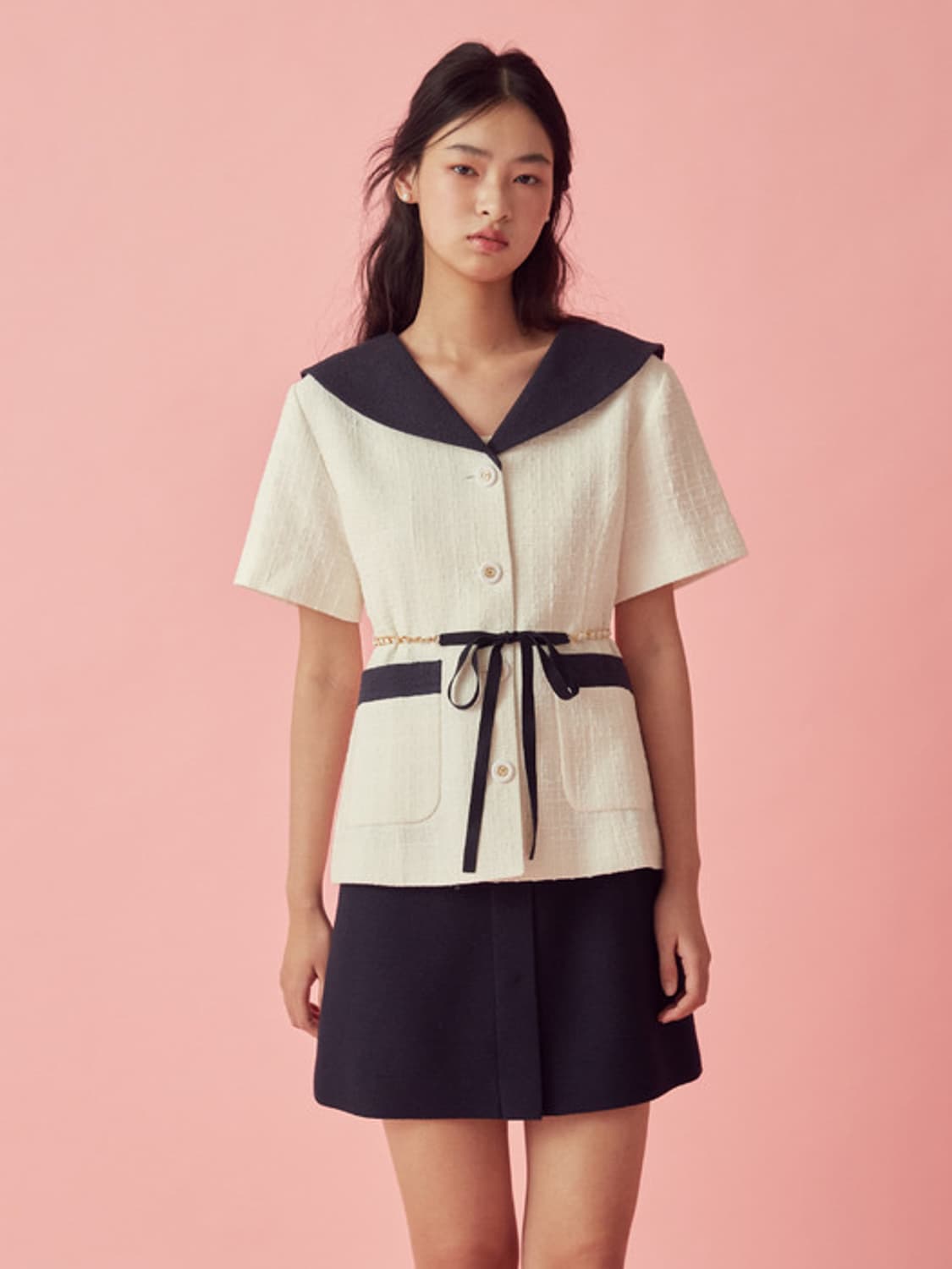 쟈니헤잇재즈 리본 벨티드 트위드 자켓 - 화이트 상품이미지7