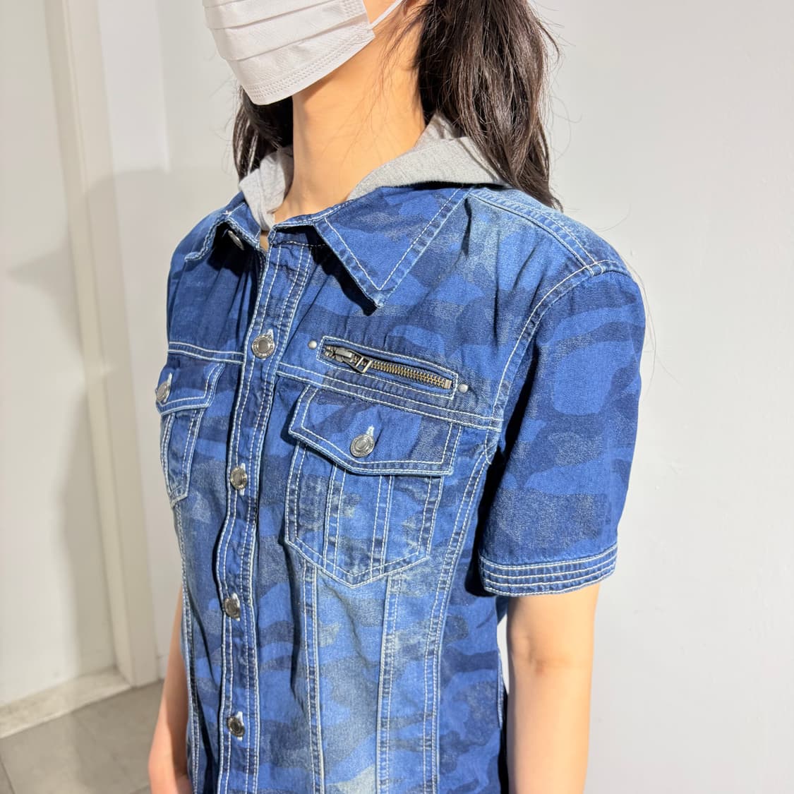 카모 데님 펑크 반팔 후드 자켓 상품이미지2
