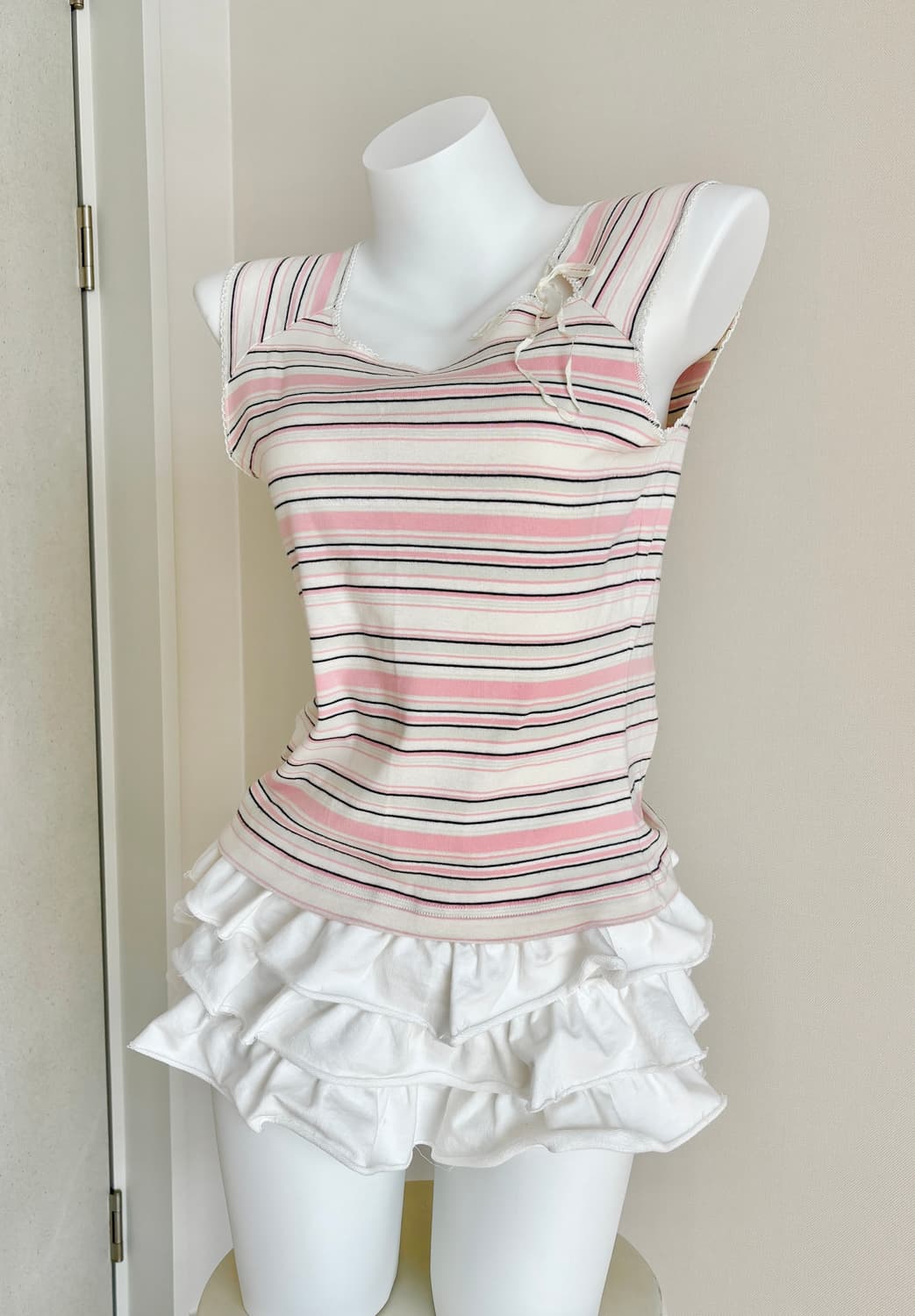 민트 핑크 스트라이프 리본 민소매 반팔 티셔츠 줄무늬 청순 갸루 모리걸 상품이미지5