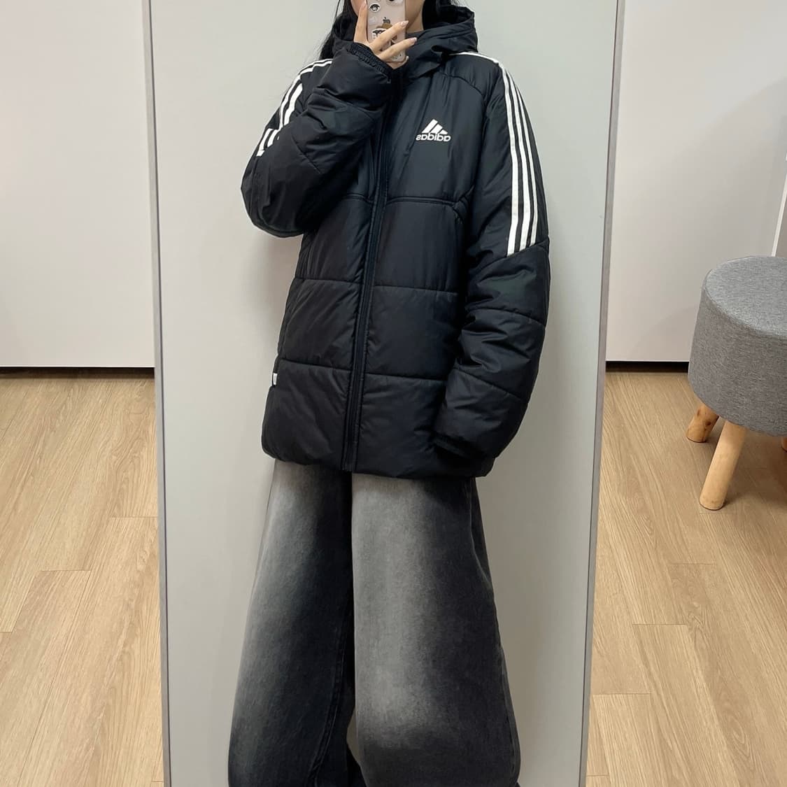 아디다스 블랙 삼선 후드 패딩 자켓 상품이미지1