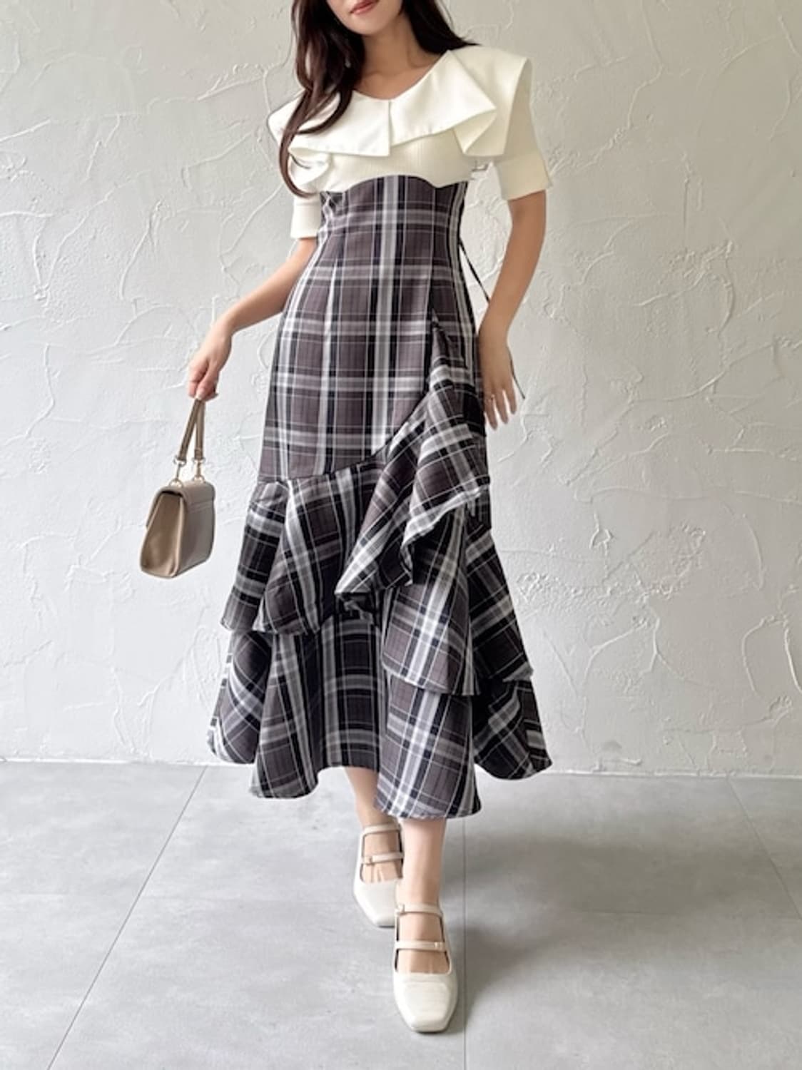 일본 빈티지 일브 브랜드 체크 회색 원피스 스나계 상품이미지1