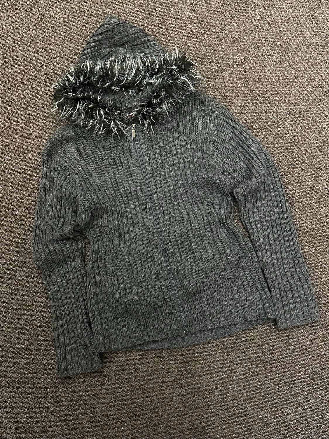 XL)Sorridere 빈티지 퍼 트리밍 니트 후드집 가디건 상품이미지3