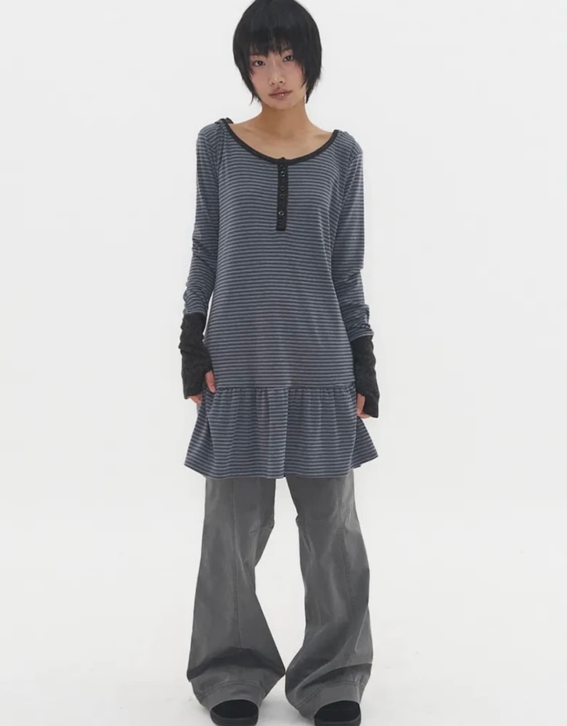 익스파이어드걸 릴랙스드 워머 후디 드레스 블루 그레이 후드티셔츠 상품이미지1