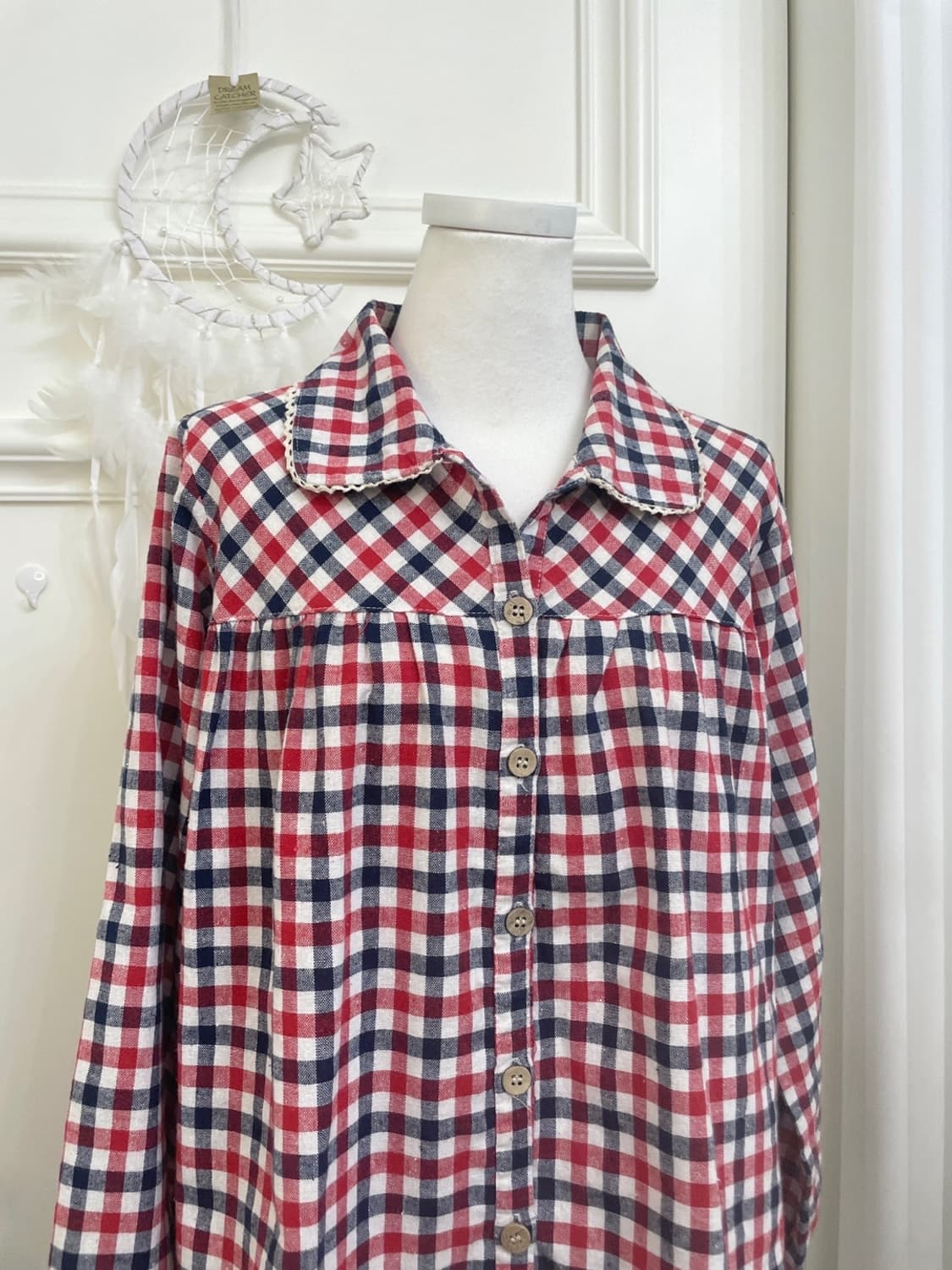 red navy check mori shirring loose shirt 상품이미지5
