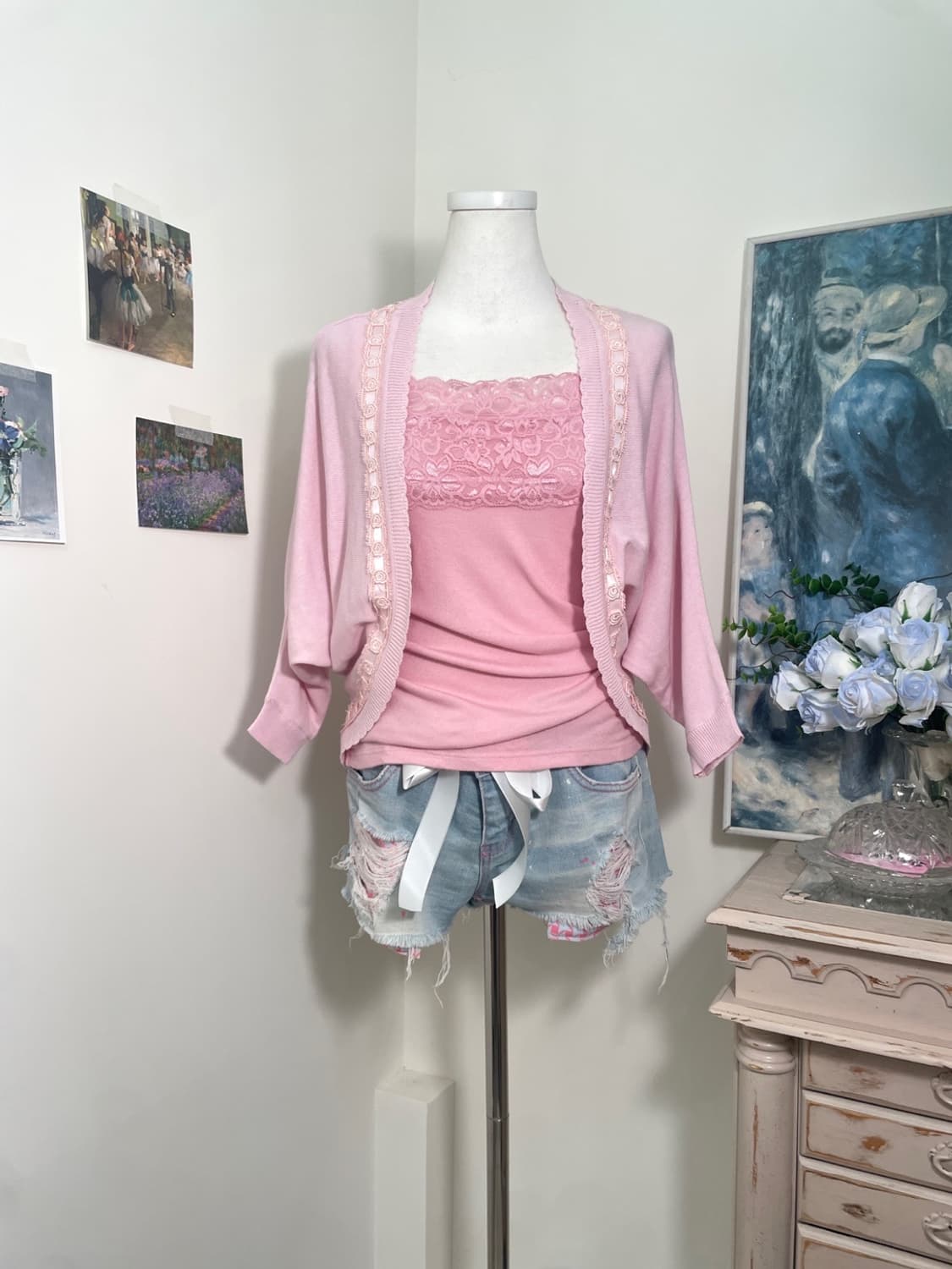 pink lace trim open cardigan&lace sleeve 상품이미지1