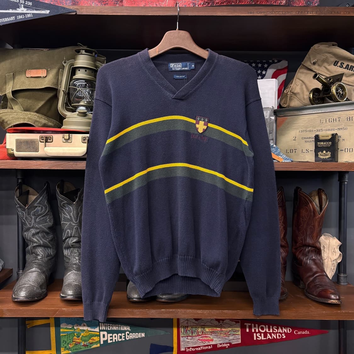 90s 폴로 랄프로렌 브이넥 스트라이프 코튼니트 쉴드패치 N520 상품이미지1