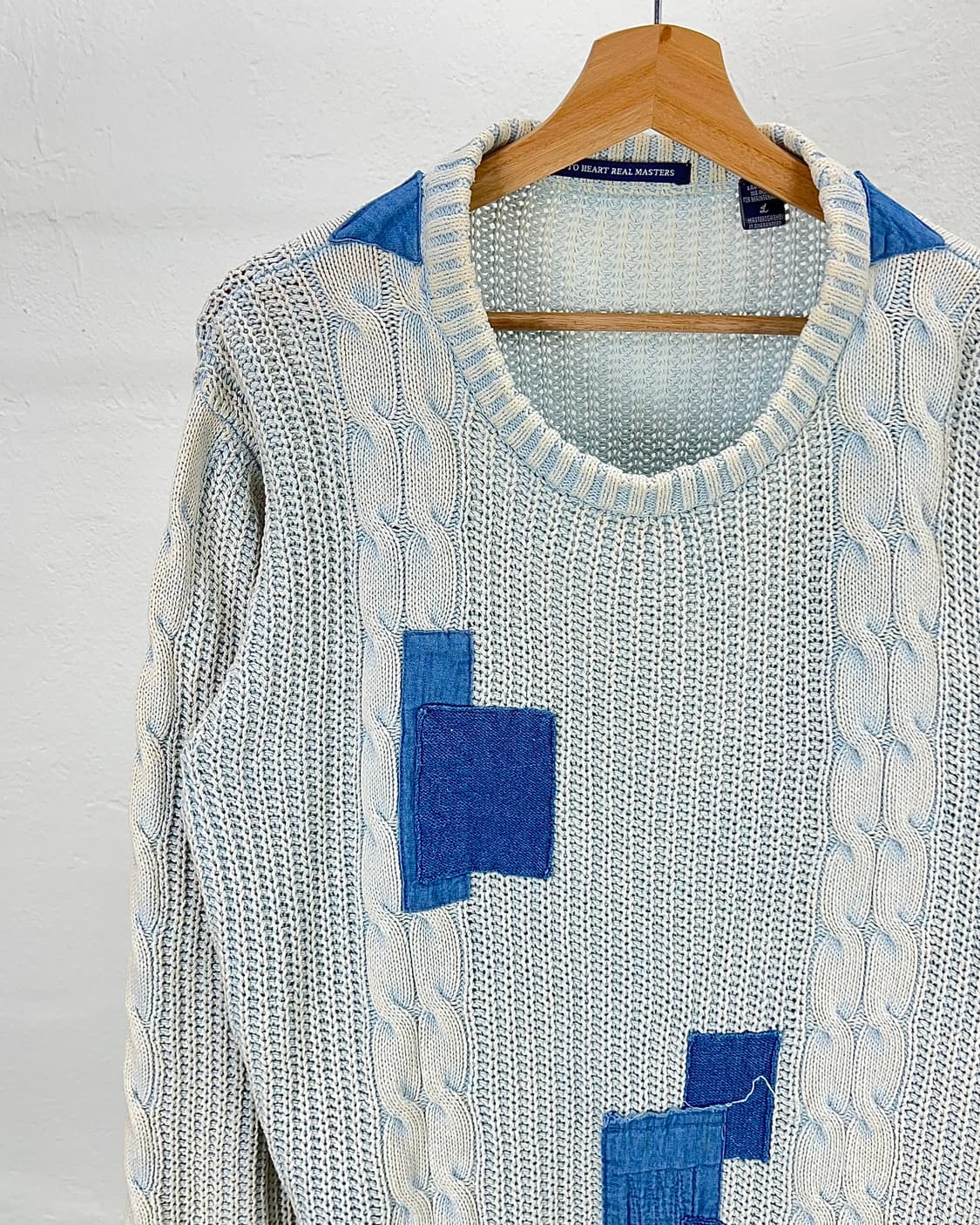 재패니즈 빈티지 인디고 워시드 패치워크 케이블 니트 스웨터 상품이미지2