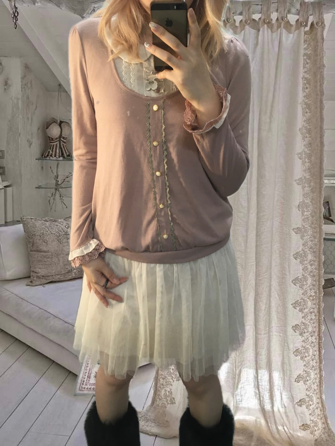 jpn vintage pinkbeige layered frill blou 상품이미지3