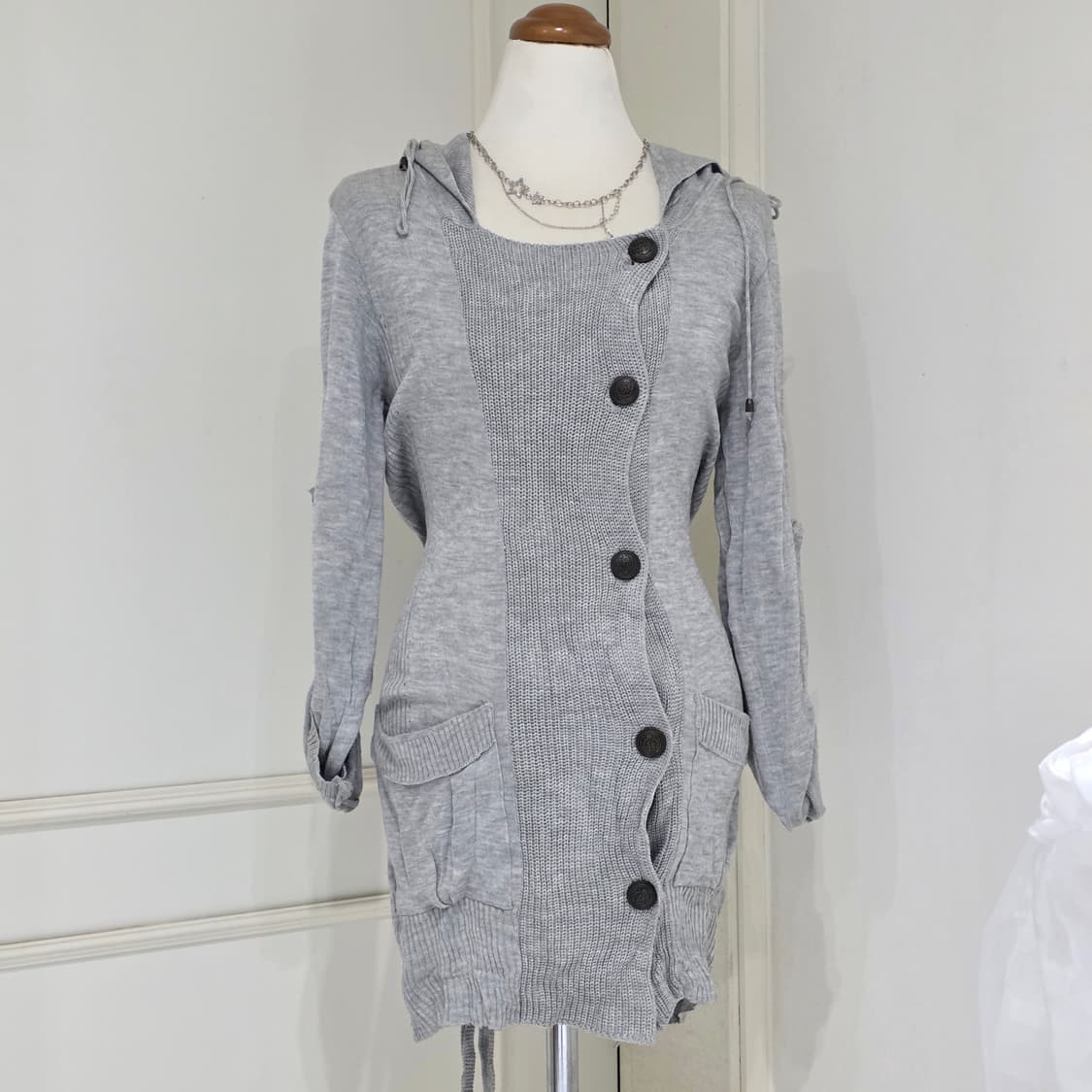 빈티지)y2k 오네갸루st 로맨틱 그레이 걸리쉬 리본 니트 롱 가디건 상품이미지1