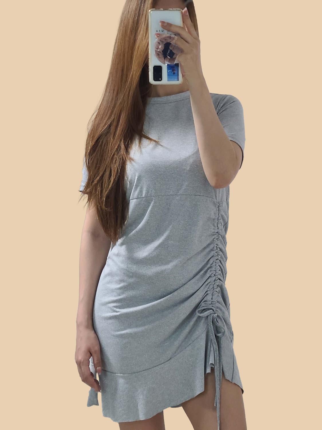 착용컷O 회색 셔링 반팔 원피스 상품이미지6