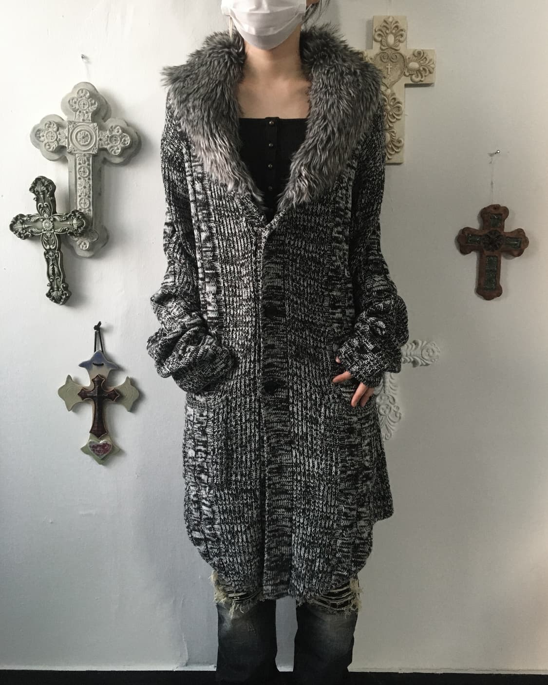 Fake fur collar knit cardigan 상품이미지1