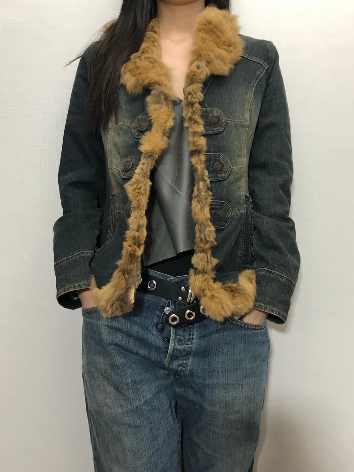 빈티지 브라운 래빗 퍼 데님 자켓 상품이미지8