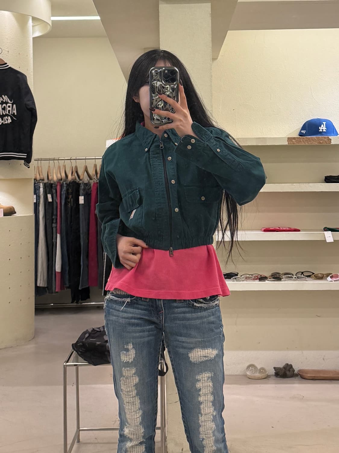 칼하트 커스텀 크롭 셔츠 자켓 그린 U1319 상품이미지1