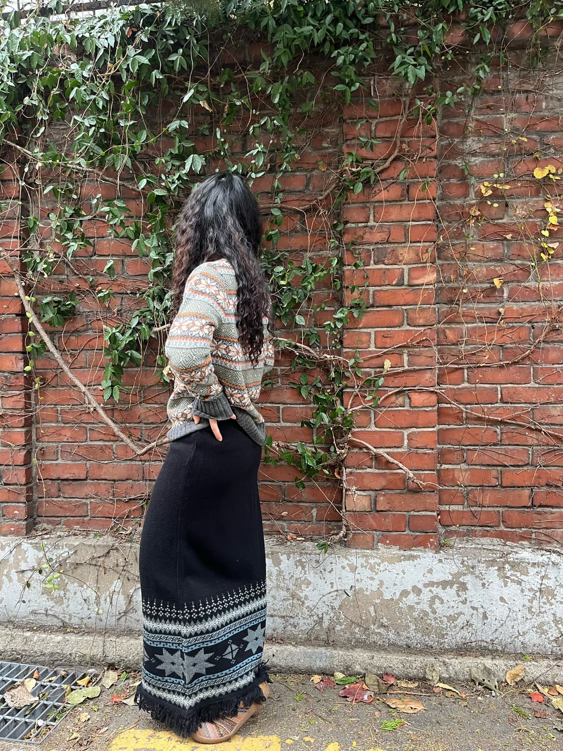 블랙 눈꽃 패턴 니트 롱 스커트 상품이미지3