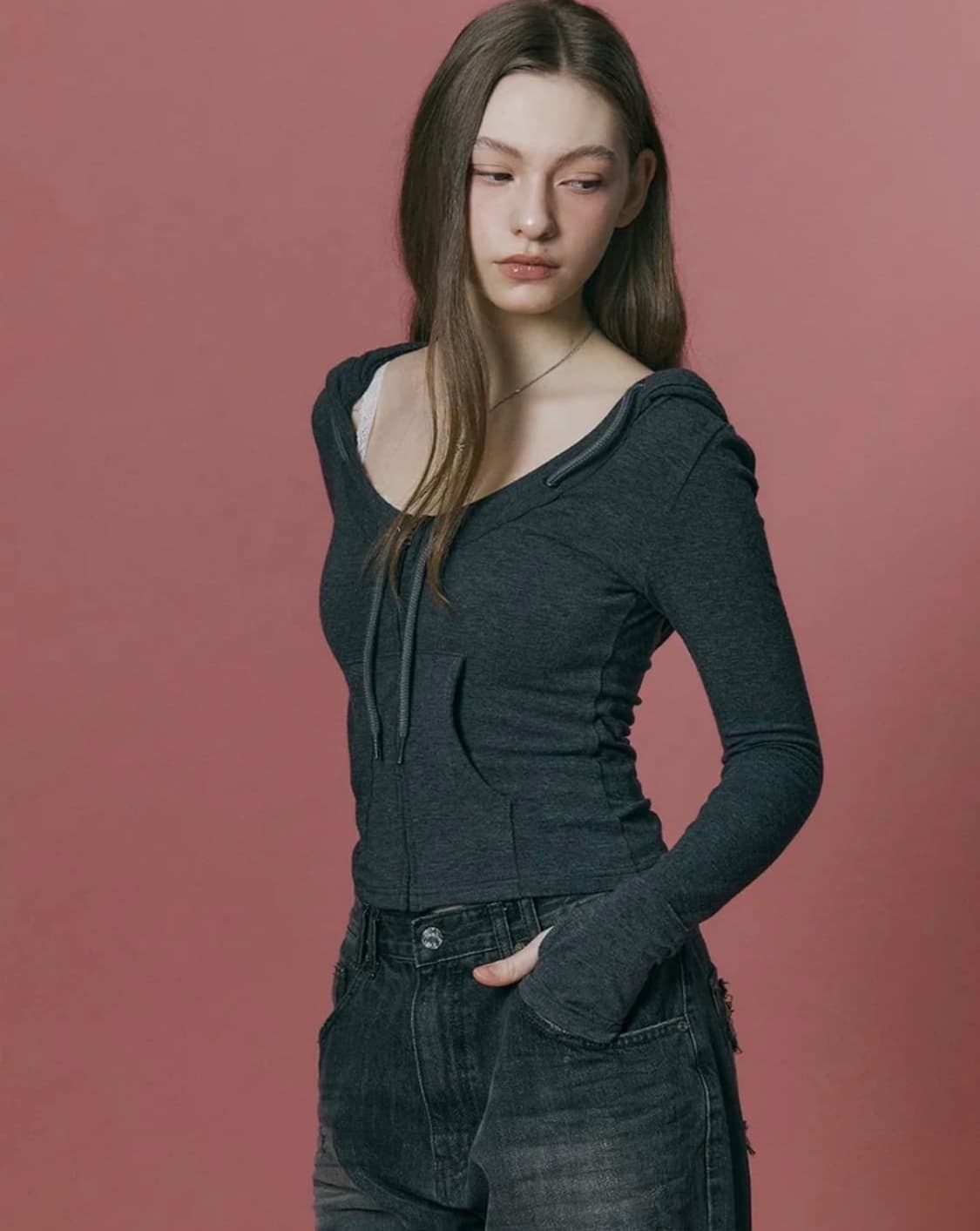 Glen Deep U-neck Hoodie charcoal 상품이미지1