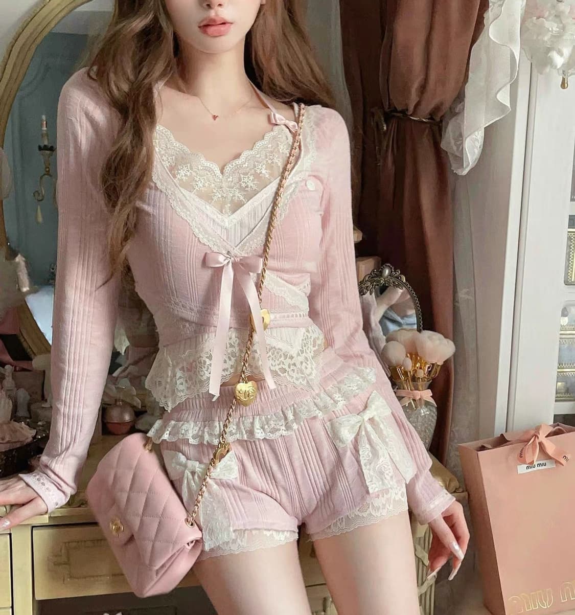 오네갸루 양산형 핑크 나시 랩가디건 세트 상품이미지2