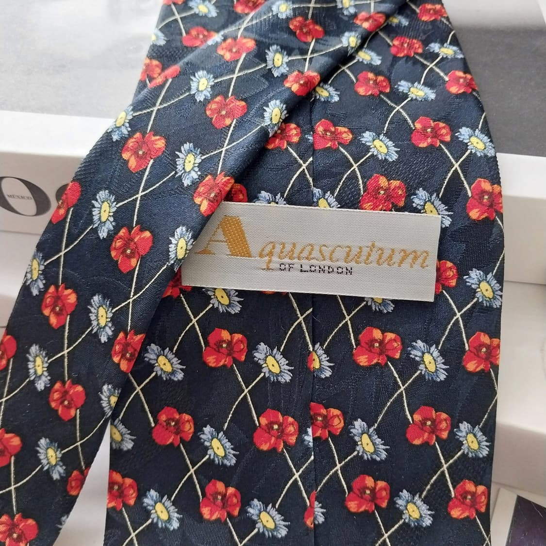 아쿠아스큐텀 실크 네이비 플라워 패턴 넥타이 10cm A+등급 K1201 상품이미지5