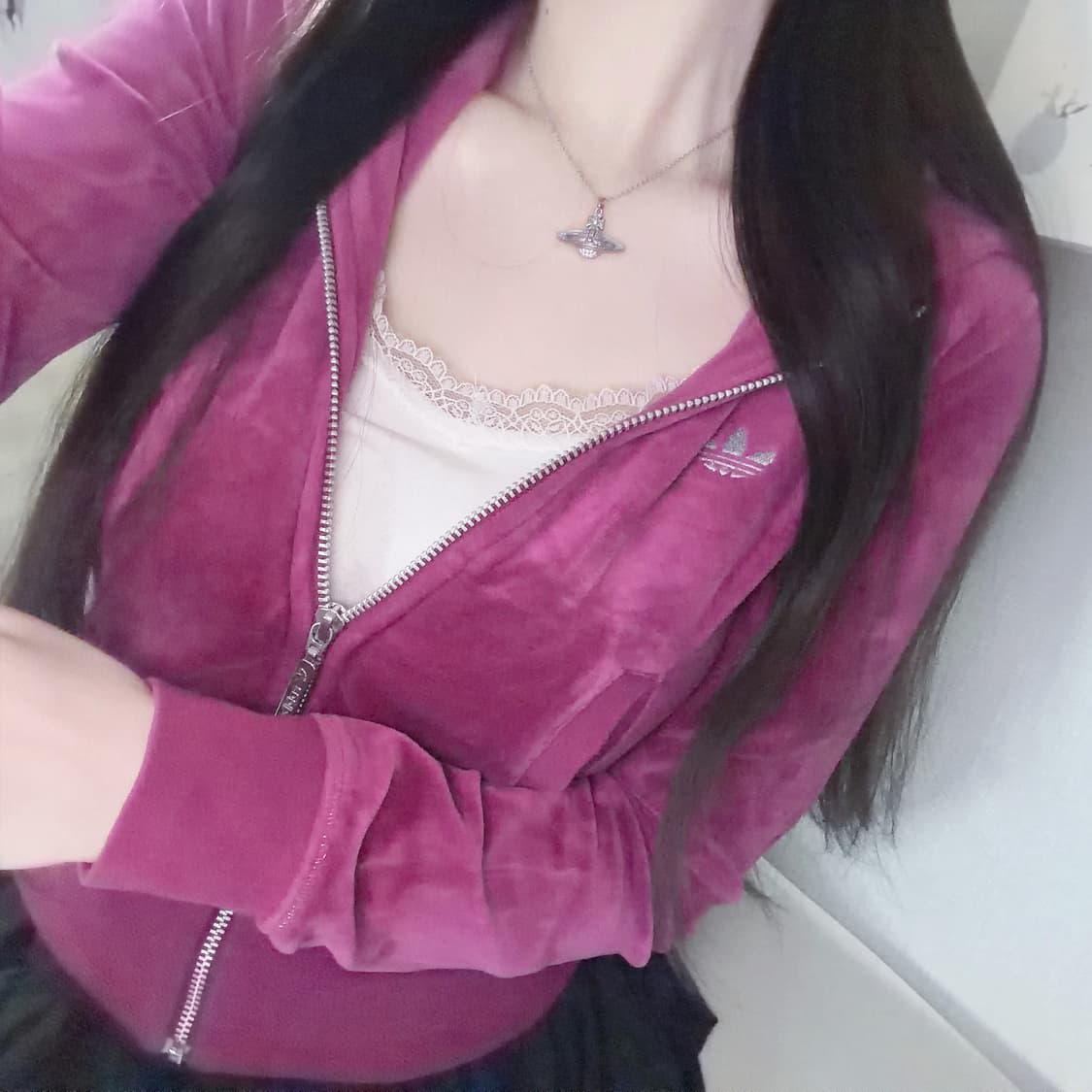 아디다스 벨벳 벨루아 와인 퍼플 핑크 슬림핏 후드집업 85 상품이미지3