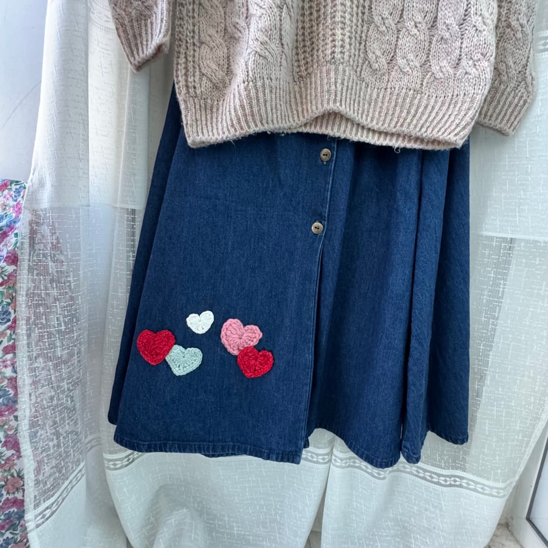 빈티지 하트 크로셰 모티브 패치 데님 롱 청 스커트 상품이미지3