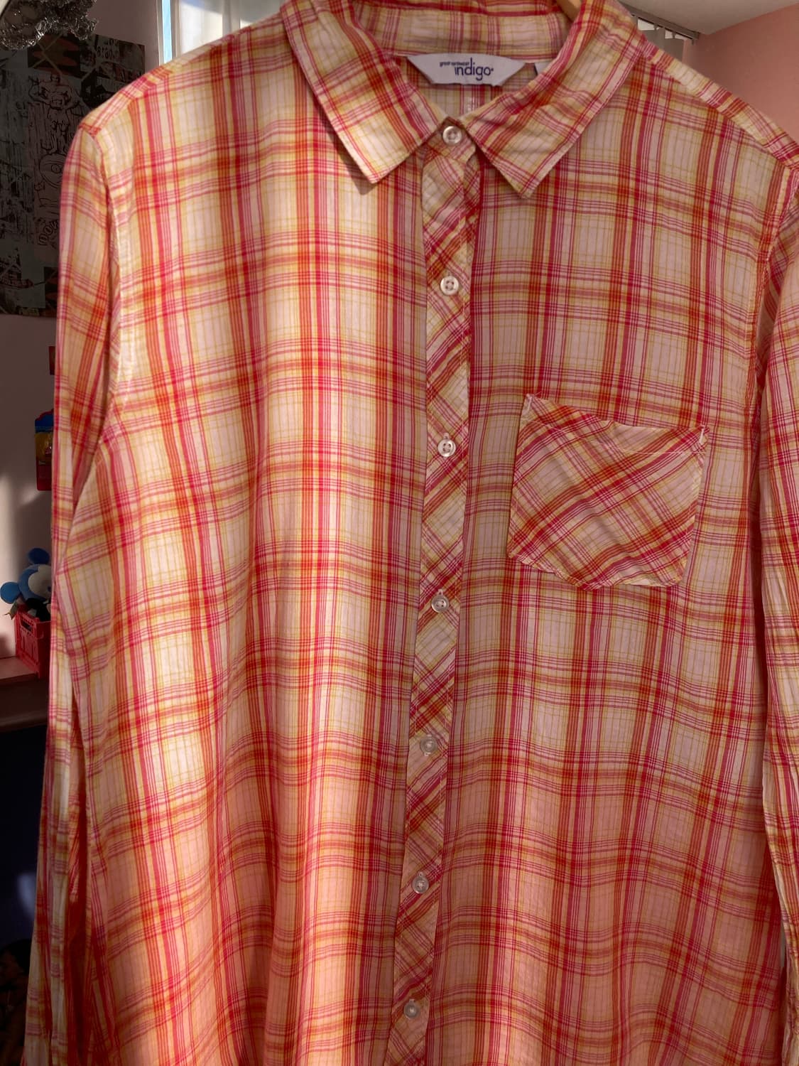 빈티지 오렌지핑크 코튼 100 체크 셔츠 상품이미지3