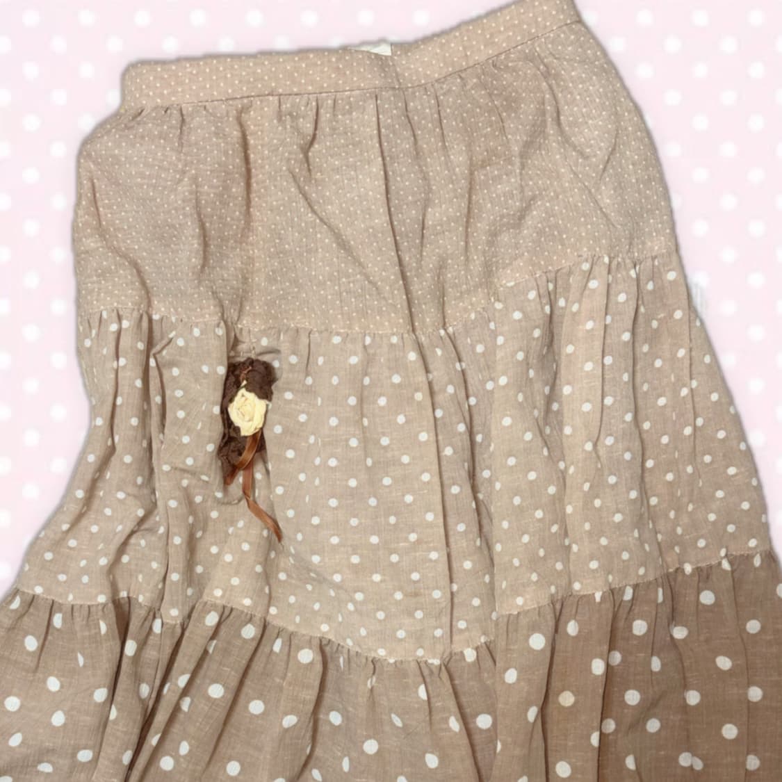 라떼갸루맛 베이지 장미 꽃 도트 캉캉 롱 스커트 상품이미지2