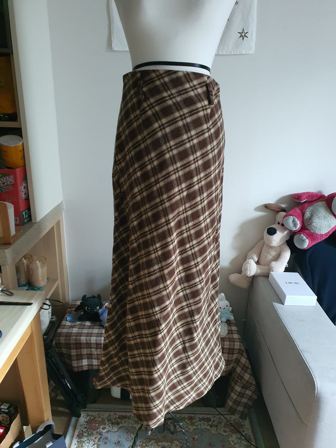 [모리걸] 브라운 체크 롱 스커트 모직스커트 상품이미지1