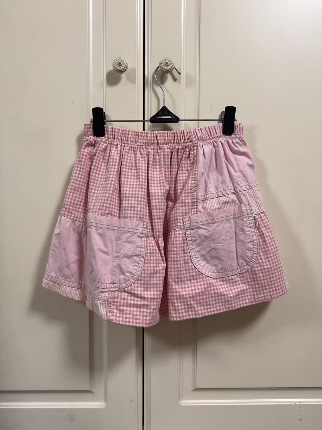 모리걸 일본 빈티지 핸드메이드 패치워크 깅엄체크 테니스 패치 스커트 상품이미지3