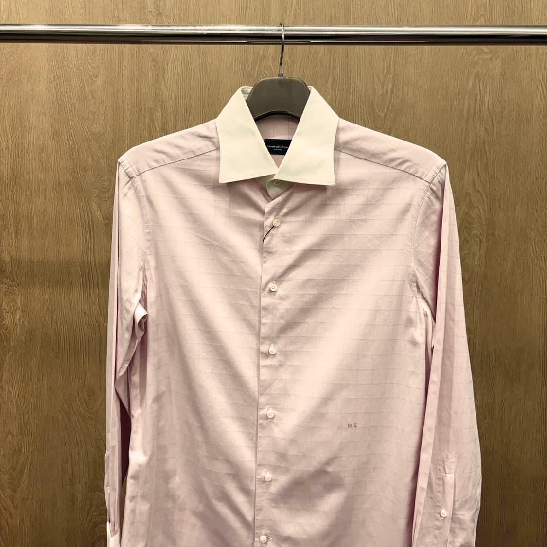  에르메네질도 제냐 코튼 셔츠 톤온톤 체크 패턴 화이트 커프 디테일 핑크 상품이미지4