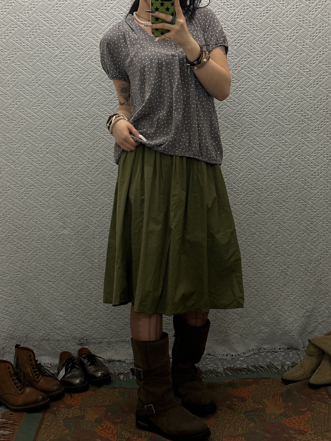 빈티지 리버시블 말차카키 스트라이프 미디 롱 스커트 K0041 상품이미지2