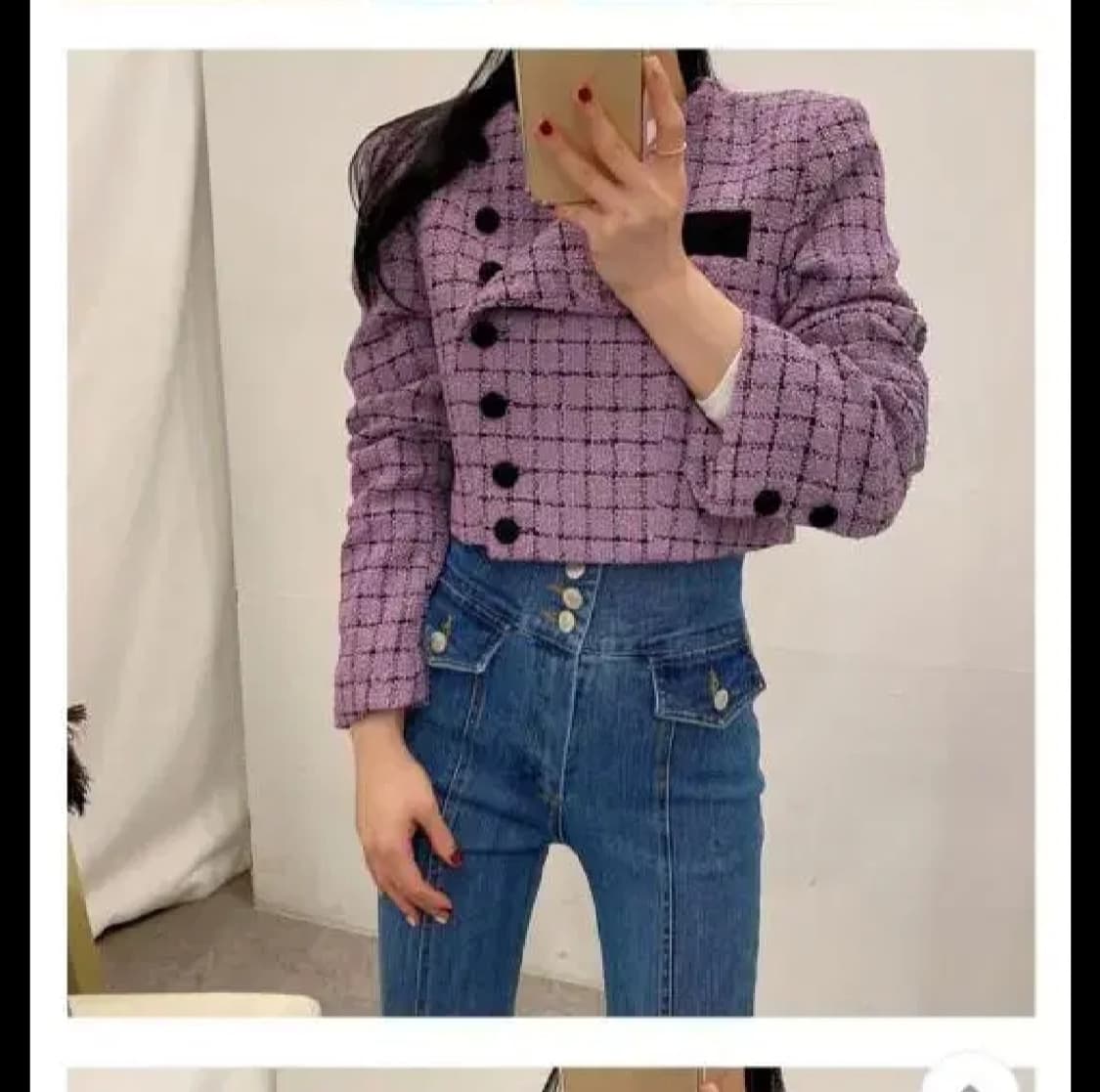 에이블리 사선버튼트위드자켓간절기가을겨울코트루즈핏크롭배색체크가디건라이더 상품이미지3