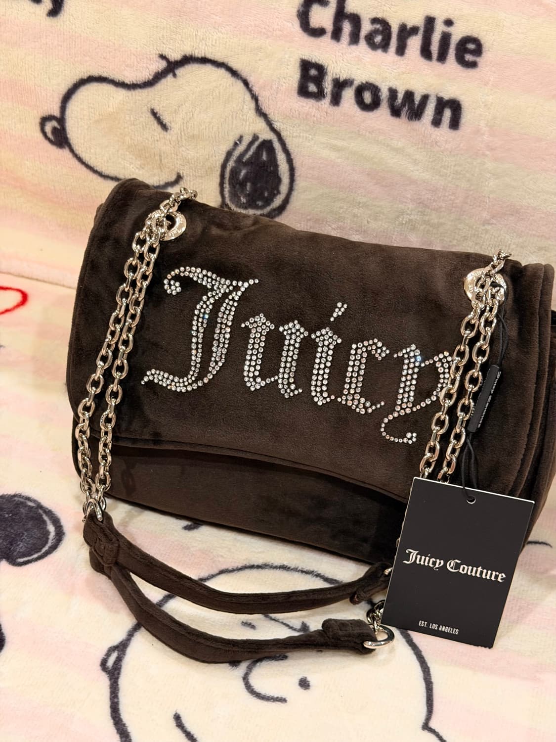 [신상✨프리뷰세일] 쥬시꾸뛰르 벨벳 스톤 체인 숄더백/크로스백 브라운 상품이미지1