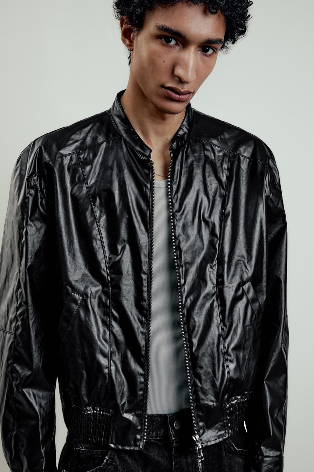 [44] 엘무드 글레이즈드 코튼 바이커 자켓 블랙 상품이미지1