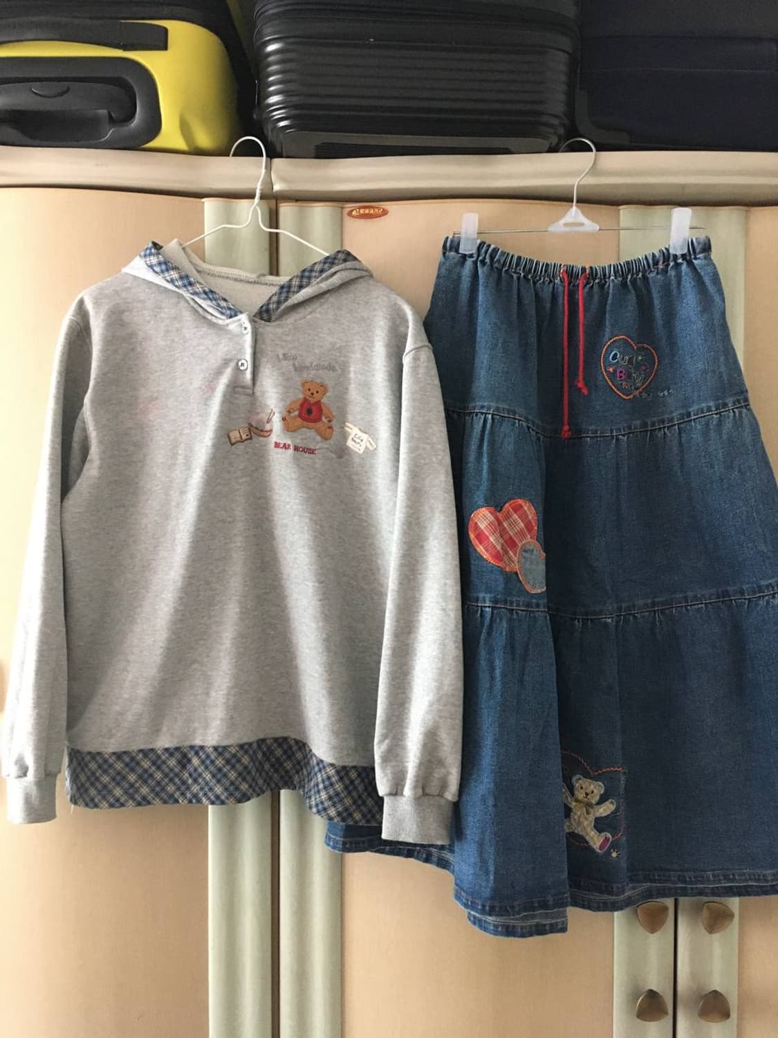 빈티지 모리걸 곰돌이 자수 코디세트 코지 후드티 캉캉 데님 상품이미지1