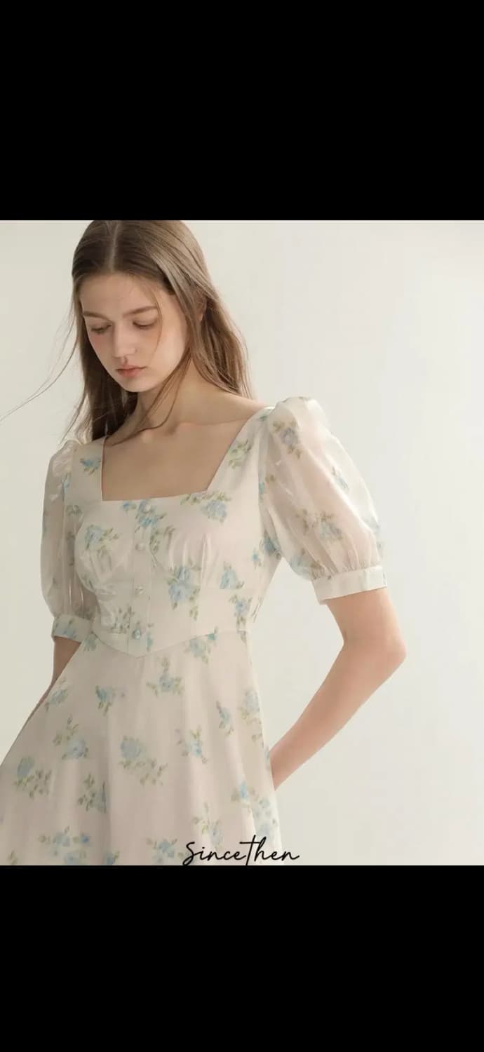 S사이즈) 신스덴 블루 플로랄 글로시 롱원피스 반팔스퀘어넥휴양지여름원피스 상품이미지6